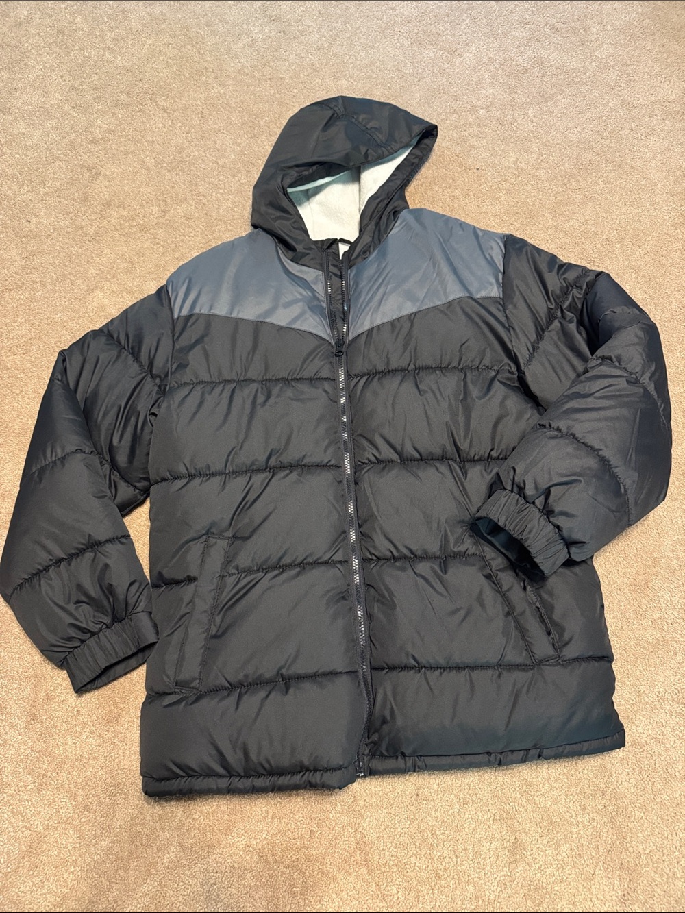 Old Navy Black Hooded Puffer Jacket with Dark Gray Yoke